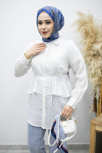 Fırfır Detaylı Çizgili Gömlek TSD260160 Beyaz - 4