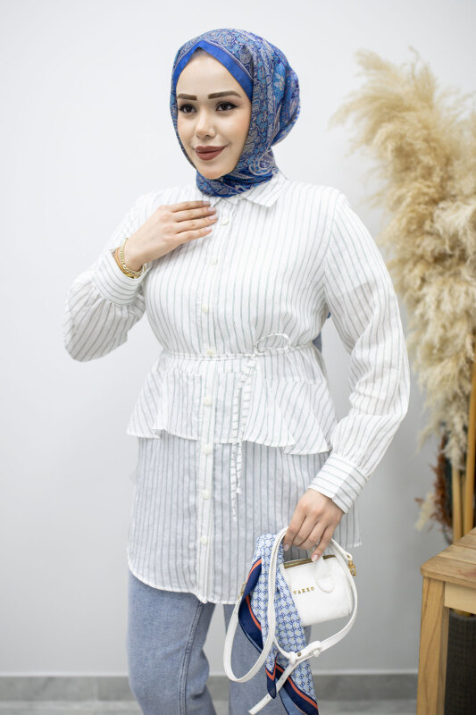 Fırfır Detaylı Çizgili Gömlek TSD260160 Beyaz - 4