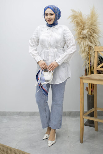 Fırfır Detaylı Çizgili Gömlek TSD260160 Beyaz - 5