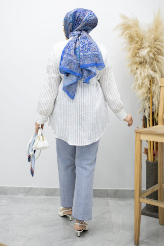 Fırfır Detaylı Çizgili Gömlek TSD260160 Beyaz - 6