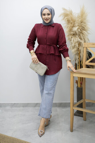 Fırfır Detaylı Çizgili Gömlek TSD260160 Bordo 