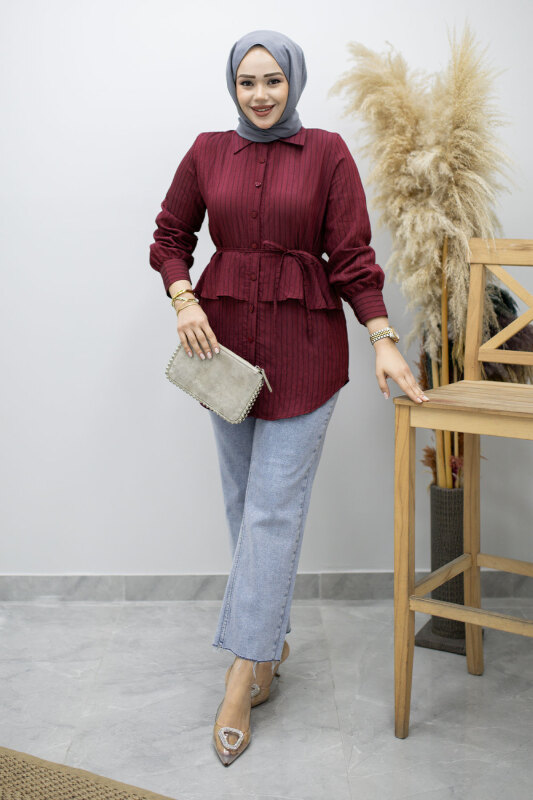 Fırfır Detaylı Çizgili Gömlek TSD260160 Bordo - Tesettür Dünyası