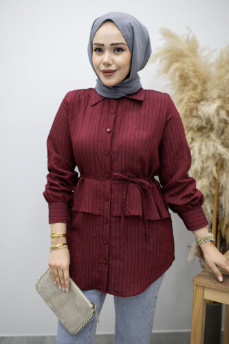 Fırfır Detaylı Çizgili Gömlek TSD260160 Bordo - 2