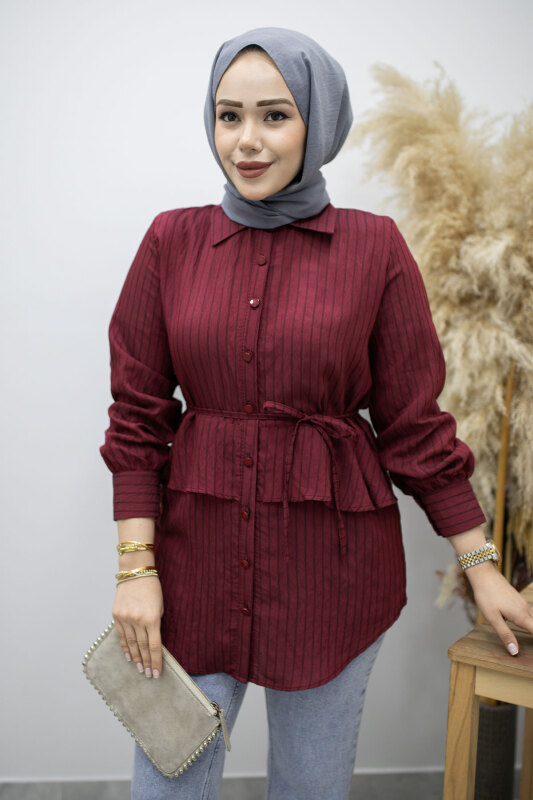 Fırfır Detaylı Çizgili Gömlek TSD260160 Bordo - Tesettür Dünyası (1)