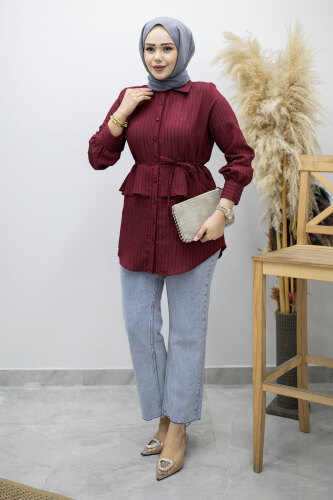 Fırfır Detaylı Çizgili Gömlek TSD260160 Bordo - 3