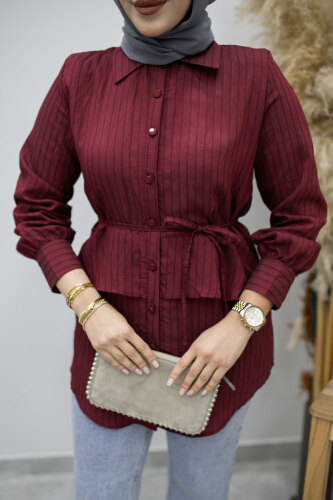 Fırfır Detaylı Çizgili Gömlek TSD260160 Bordo - 4