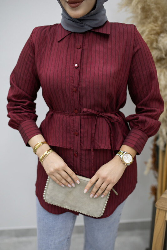 Fırfır Detaylı Çizgili Gömlek TSD260160 Bordo - 4