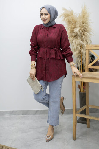 Fırfır Detaylı Çizgili Gömlek TSD260160 Bordo - 5