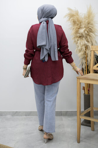 Fırfır Detaylı Çizgili Gömlek TSD260160 Bordo - 6