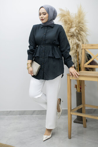 Fırfır Detaylı Çizgili Gömlek TSD260160 Füme - 3