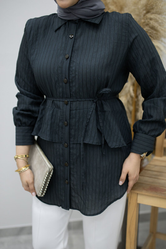 Fırfır Detaylı Çizgili Gömlek TSD260160 Füme - 4