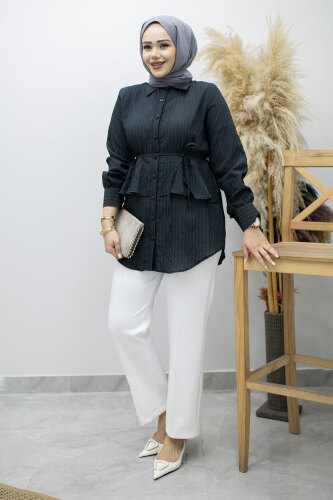 Fırfır Detaylı Çizgili Gömlek TSD260160 Füme - 5