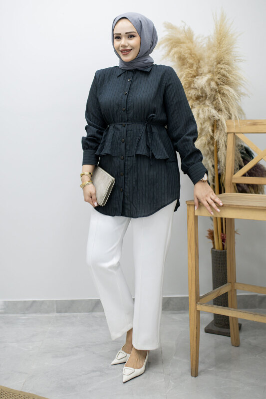 Fırfır Detaylı Çizgili Gömlek TSD260160 Füme - 5