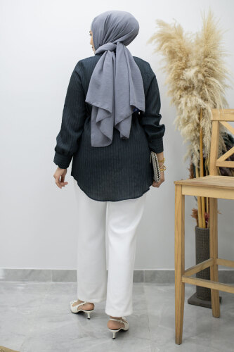 Fırfır Detaylı Çizgili Gömlek TSD260160 Füme - 6