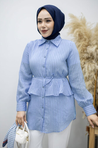 Fırfır Detaylı Çizgili Gömlek TSD260160 Mavi - 2
