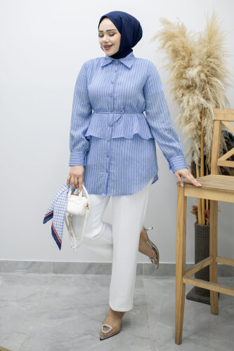 Fırfır Detaylı Çizgili Gömlek TSD260160 Mavi - 3