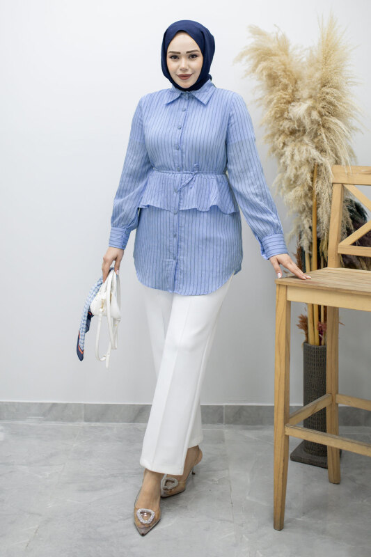 Fırfır Detaylı Çizgili Gömlek TSD260160 Mavi - 5