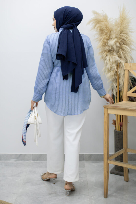 Fırfır Detaylı Çizgili Gömlek TSD260160 Mavi - 6