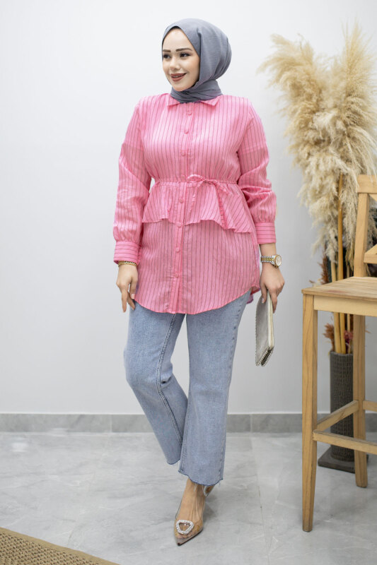 Fırfır Detaylı Çizgili Gömlek TSD260160 Pembe - Tesettür Dünyası