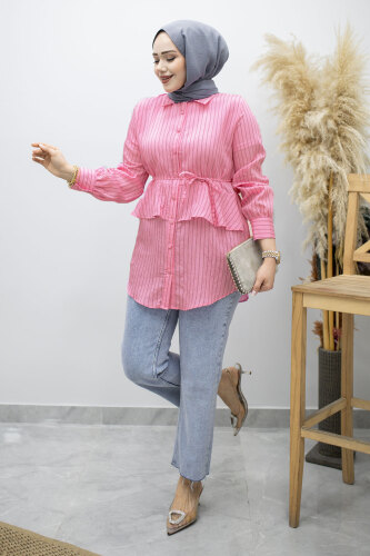 Fırfır Detaylı Çizgili Gömlek TSD260160 Pembe - 2