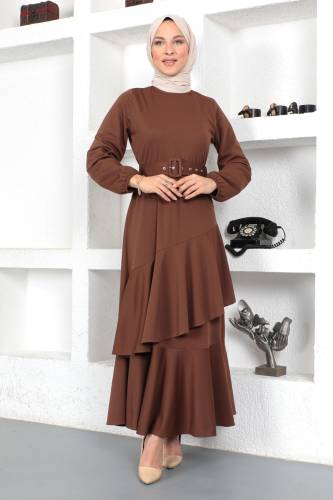 Fırfırlı Elbise TSD230401 Kahverengi - 1