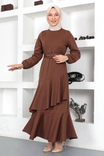 Fırfırlı Elbise TSD230401 Kahverengi - 2