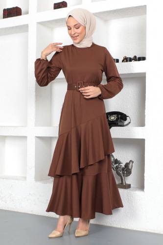 Fırfırlı Elbise TSD230401 Kahverengi - 4