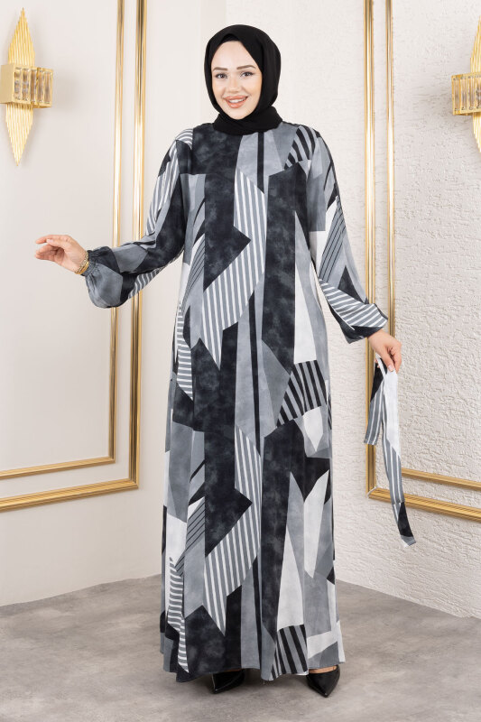 Geometrik Desenli Beli Kuşaklı Viskon Elbise TSD250213 Gri - 4
