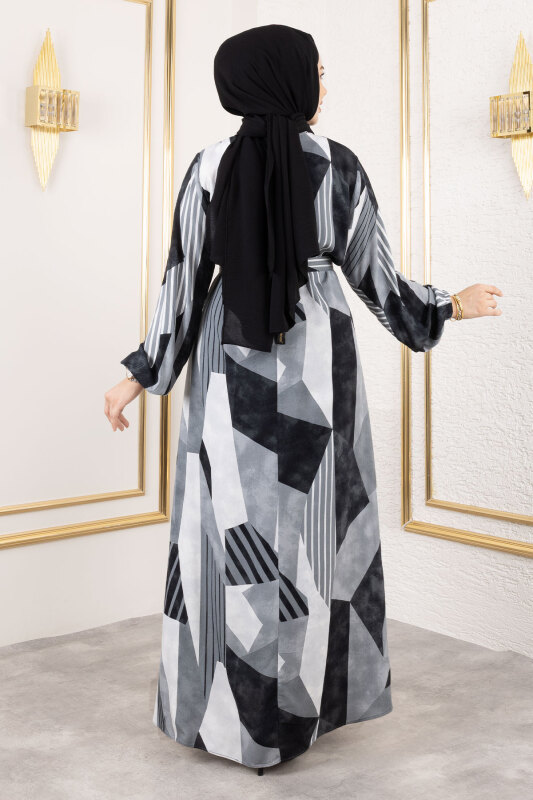 Geometrik Desenli Beli Kuşaklı Viskon Elbise TSD250213 Gri - 5
