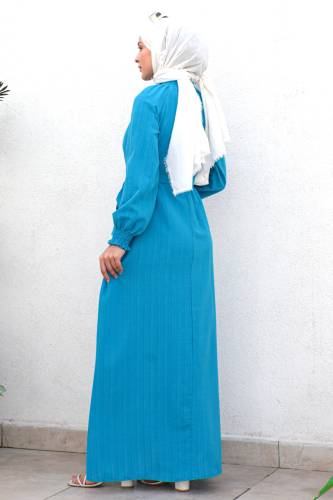 Gipe Detaylı Tesettür Elbise TSD221204 Mavi - 6