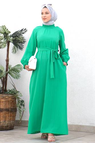 Gipe Detaylı Tesettür Elbise TSD221204 Yeşil 