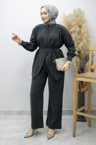 Gizli Düğmeli Beli İpli İkili Takım TSD260176 Antrasit - 1