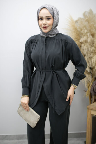 Gizli Düğmeli Beli İpli İkili Takım TSD260176 Antrasit - 2