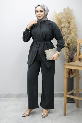 Gizli Düğmeli Beli İpli İkili Takım TSD260176 Antrasit - 3