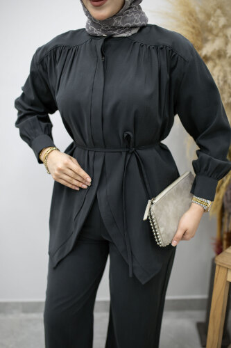 Gizli Düğmeli Beli İpli İkili Takım TSD260176 Antrasit - 4