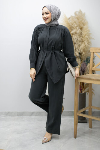 Gizli Düğmeli Beli İpli İkili Takım TSD260176 Antrasit - 5