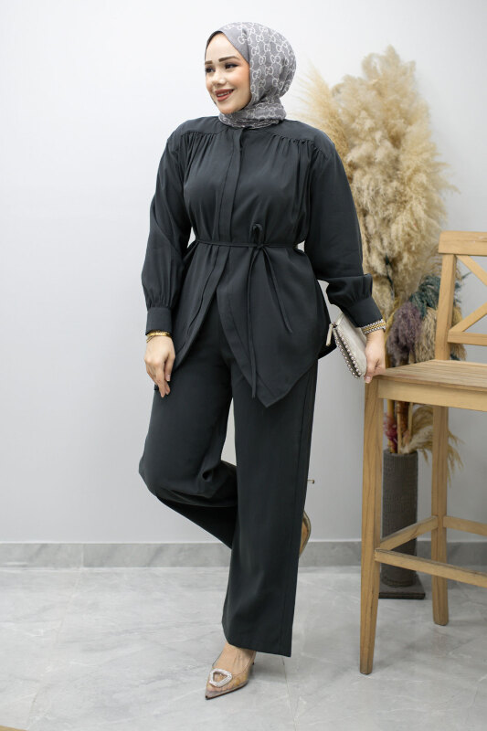 Gizli Düğmeli Beli İpli İkili Takım TSD260176 Antrasit - 5