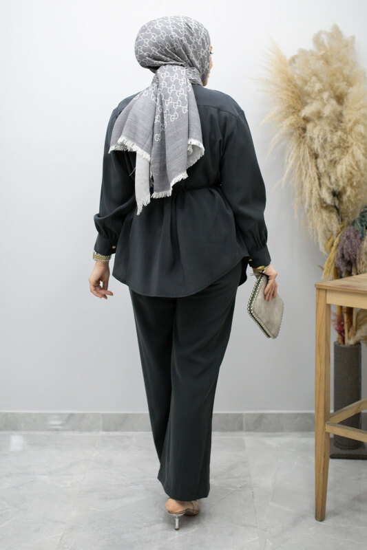 Gizli Düğmeli Beli İpli İkili Takım TSD260176 Antrasit - 6