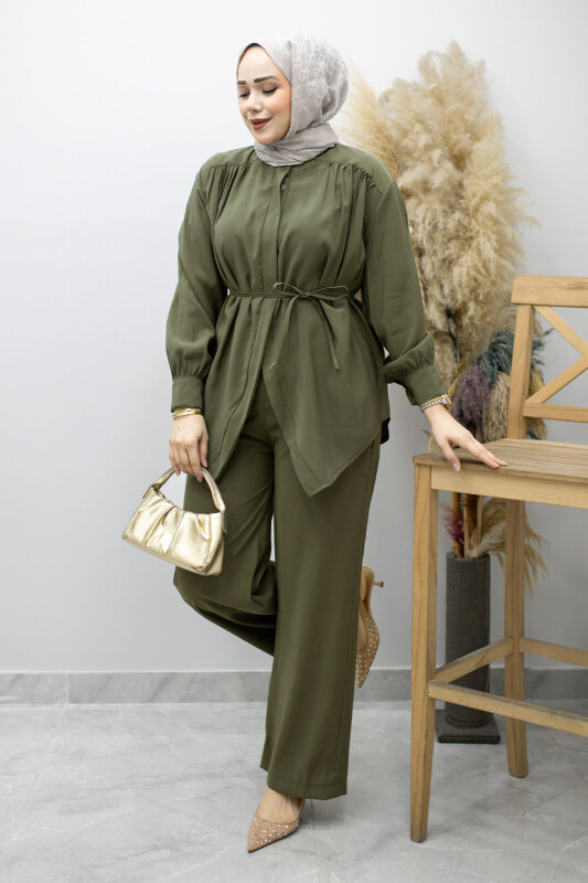 Gizli Düğmeli Beli İpli İkili Takım TSD260176 Haki - Tesettür Dünyası