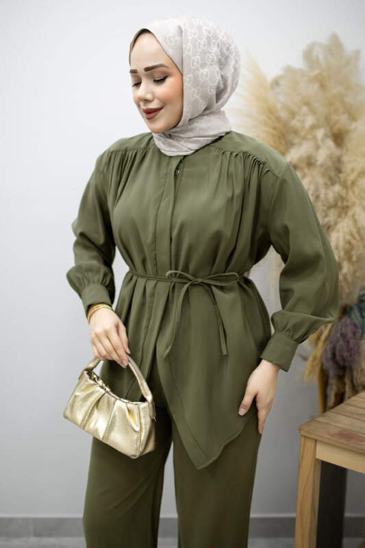 Gizli Düğmeli Beli İpli İkili Takım TSD260176 Haki - Tesettür Dünyası (1)