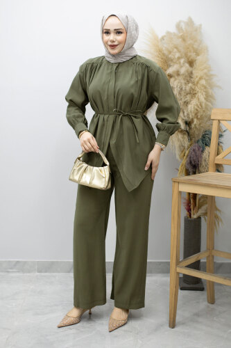 Gizli Düğmeli Beli İpli İkili Takım TSD260176 Haki - 3