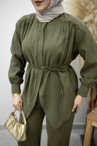 Gizli Düğmeli Beli İpli İkili Takım TSD260176 Haki - 4