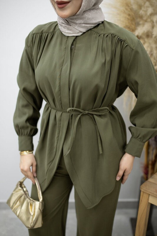 Gizli Düğmeli Beli İpli İkili Takım TSD260176 Haki - 4