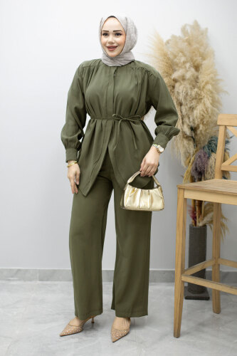 Gizli Düğmeli Beli İpli İkili Takım TSD260176 Haki - 5