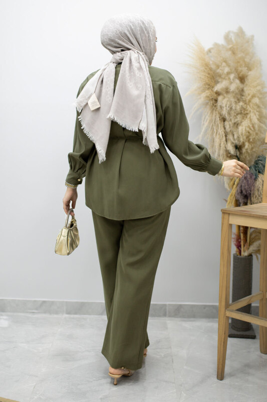 Gizli Düğmeli Beli İpli İkili Takım TSD260176 Haki - 6