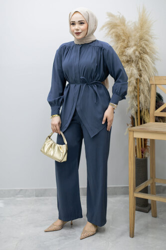 Gizli Düğmeli Beli İpli İkili Takım TSD260176 İndigo 