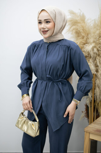 Gizli Düğmeli Beli İpli İkili Takım TSD260176 İndigo - 2