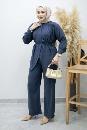 Gizli Düğmeli Beli İpli İkili Takım TSD260176 İndigo - 3