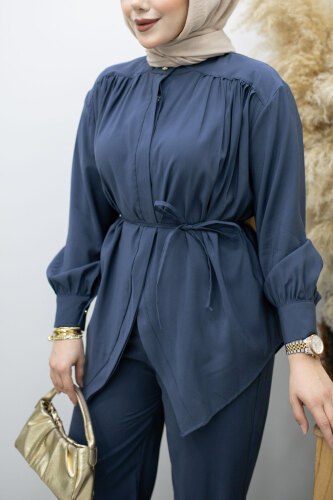 Gizli Düğmeli Beli İpli İkili Takım TSD260176 İndigo - 4