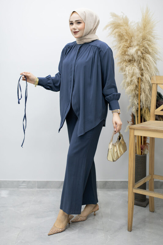 Gizli Düğmeli Beli İpli İkili Takım TSD260176 İndigo - 5